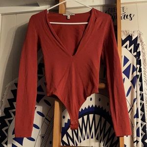 EXPRESS Plunge Neck XS Burnt Orange thong Bodysuit